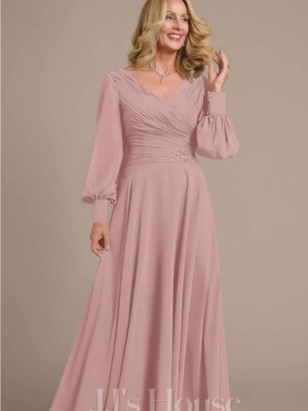 JJs House Blush Long Sleeve V-Neck Maxi Dress